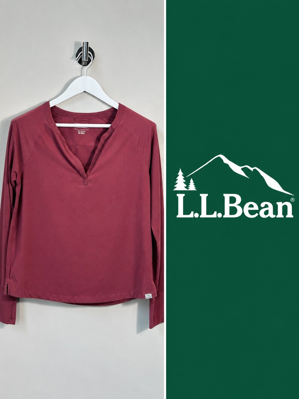 L.L.Bean Womenâs Medium Burgundy Ribbed Performance Long Sleeve Split Neck Top